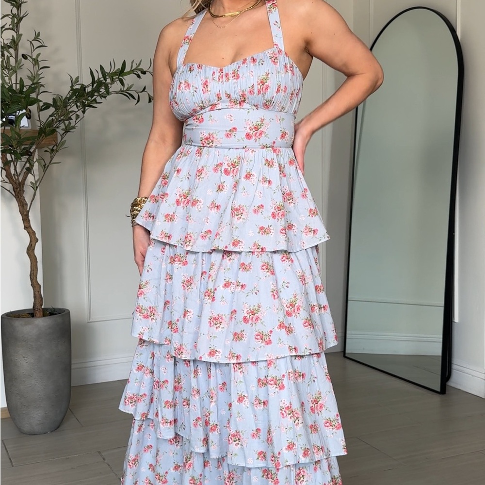 Abercrombie & Fitch Light Blue Floral Tiered Halter Dress